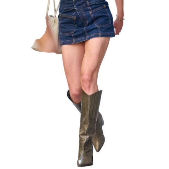 Schutz NWT Maryanna Olive Green Croc-Embossed Knee-High Boots - Picture 1 of 12